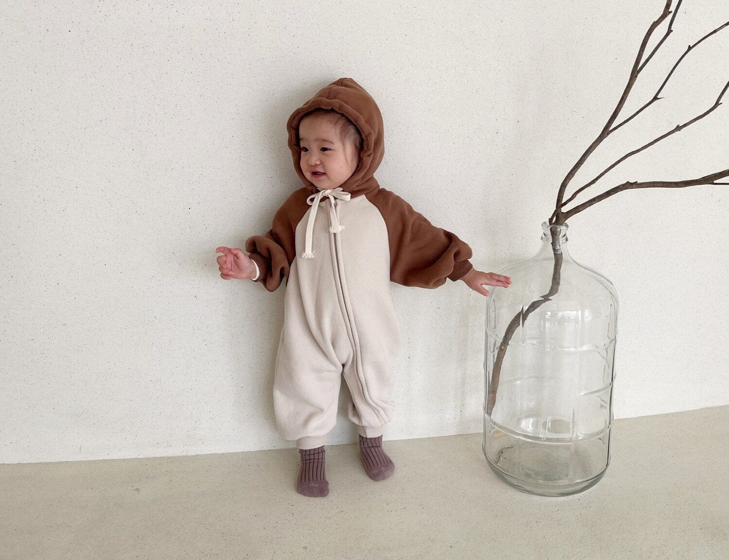 長袖ロンパース ベビー フーディ ジッパー 長袖 ジャンプスーツ ロンパース【mh0001549】